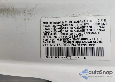 2012 Honda Odyssey Lx z USA, uszkodzony, nr VIN 5FNRL5H25CB056426